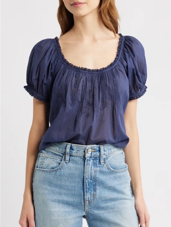 Doen Tops - Doen Frederica Floral Embroidered Organic Cotton Voile Top in Blue, XXS